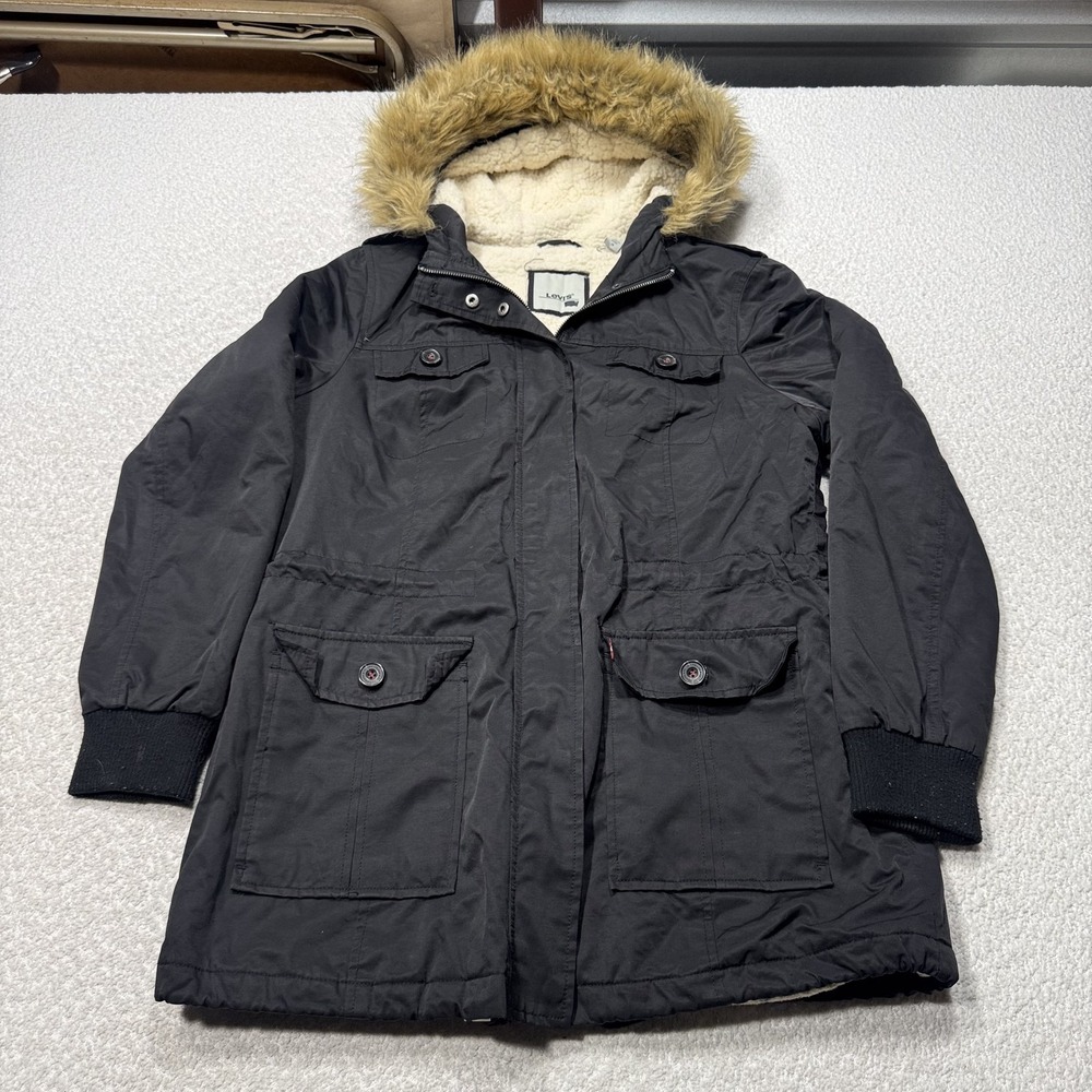 Levis Hooded Parka Jacket Womens Large Black Faux Fur Sherpa Lined Winter Coat